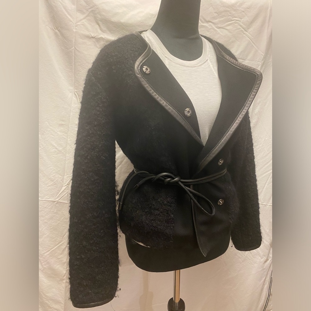 Medium Stills jacket. Wool blend with cotton lining and lamb skin belt.